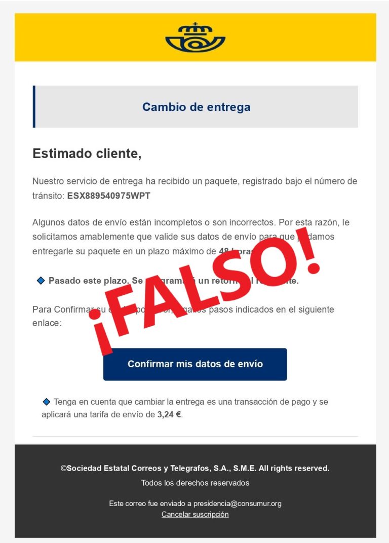 ¿Te pide Correos que actualices tu dirección para entregarte un paquete? No piques, es un fraude